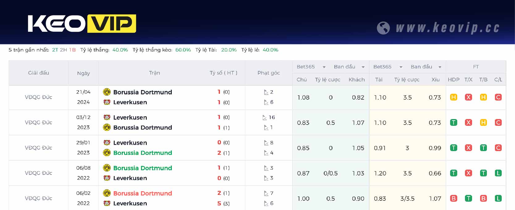 Lịch sử đối đầu trận Borussia Dortmund vs Leverkusen