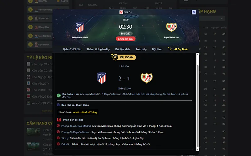 Dự đoán kết quả AI Atl Madrid vs Vallecano 02h30 ngày 25/9/2025