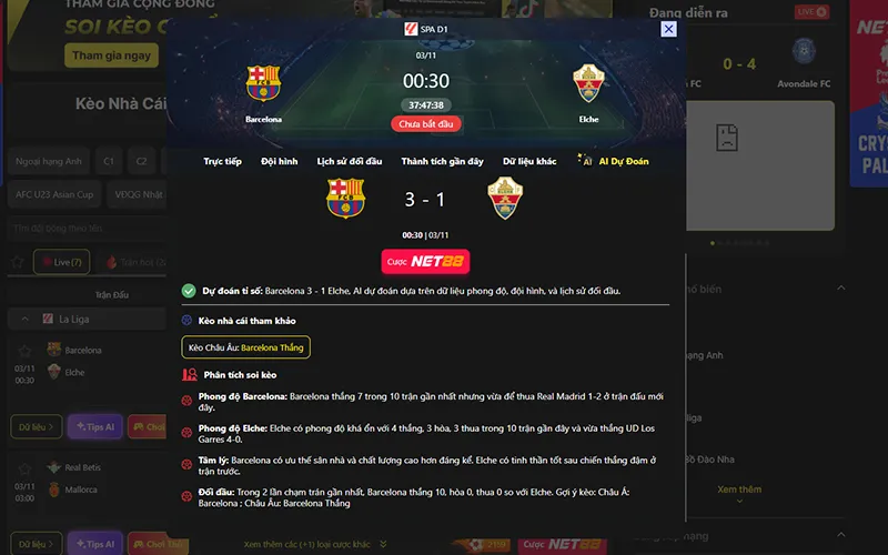 Dự đoán kết quả AI Barcelona vs Elche 00h30 ngày 03/11/2025