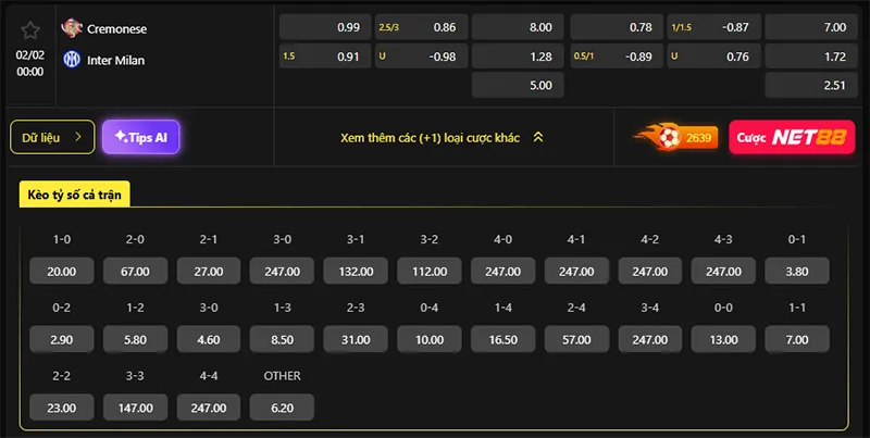 Tỷ lệ kèo Cremonese vs Inter Milan hôm nay 00h00 ngày 02/02/2026