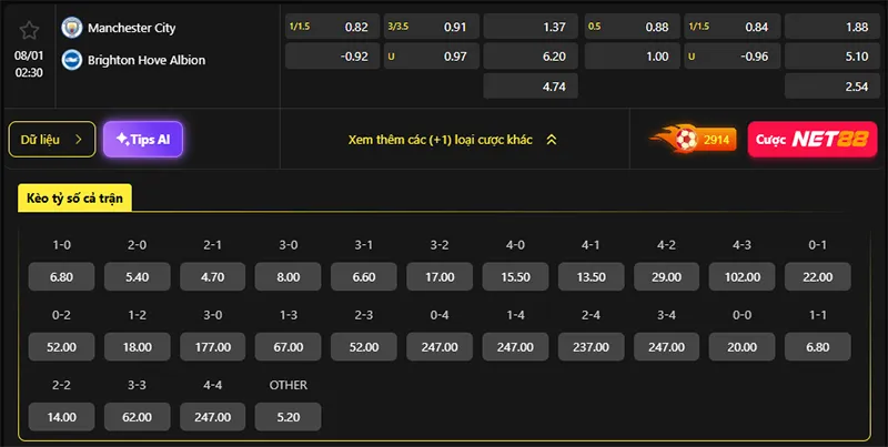 Tỷ lệ kèo Man City vs Brighton hôm nay 02h30 ngày 08/01/2026