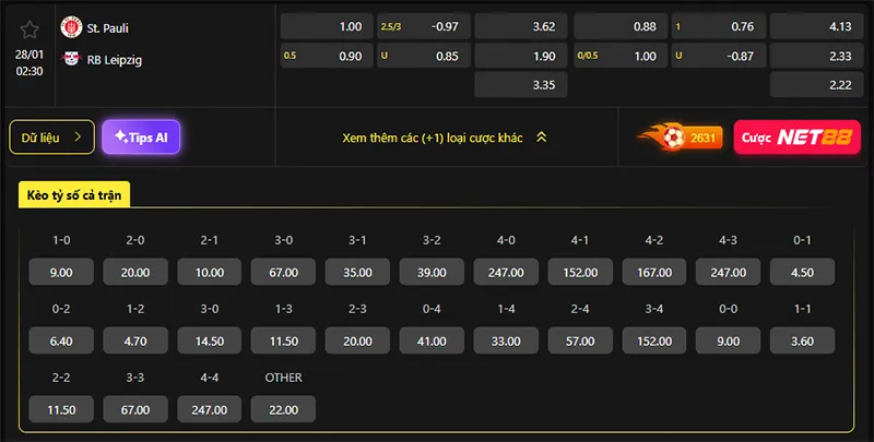 Tỷ lệ kèo St. Pauli vs RB Leipzig hôm nay 02h30 ngày 28/01/2026