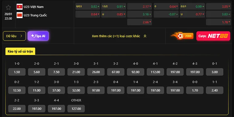 Tỷ lệ kèo U23 Việt Nam vs U23 Trung Quốc hôm nay 22h30 ngày 20/01/2026