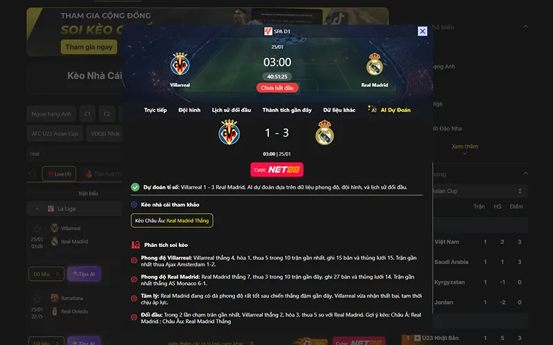 Dự đoán kết quả AI Villarreal vs Real Madrid 03h00 ngày 25/01/2026