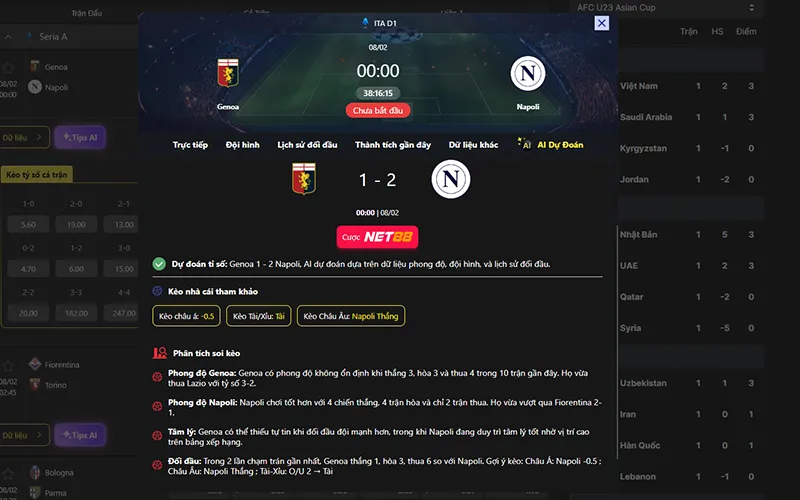 Dự đoán kết quả AI Genoa vs Napoli 00h00 ngày 08/02/2026
