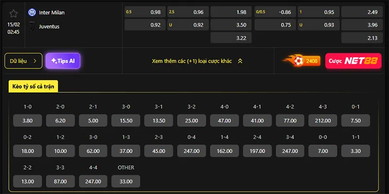 Tỷ lệ kèo Inter Milan vs Juventus hôm nay 02h45 ngày 15/02/2026