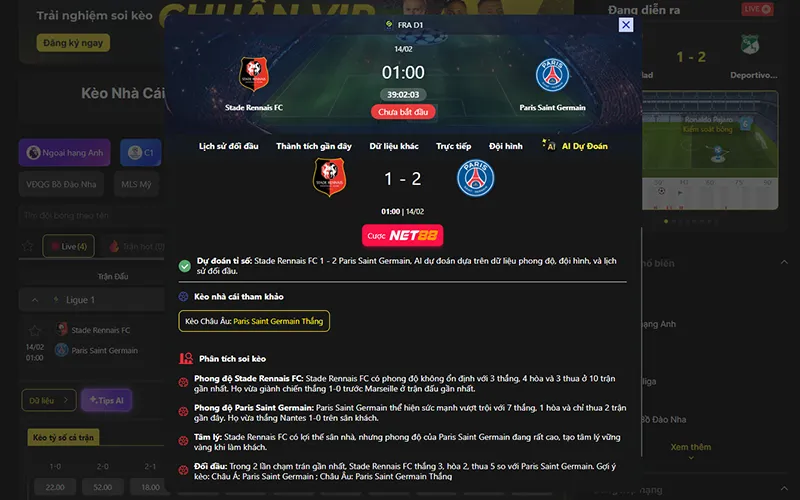 Dự đoán kết quả AI Rennes vs PSG 01h00 ngày 14/02/2026